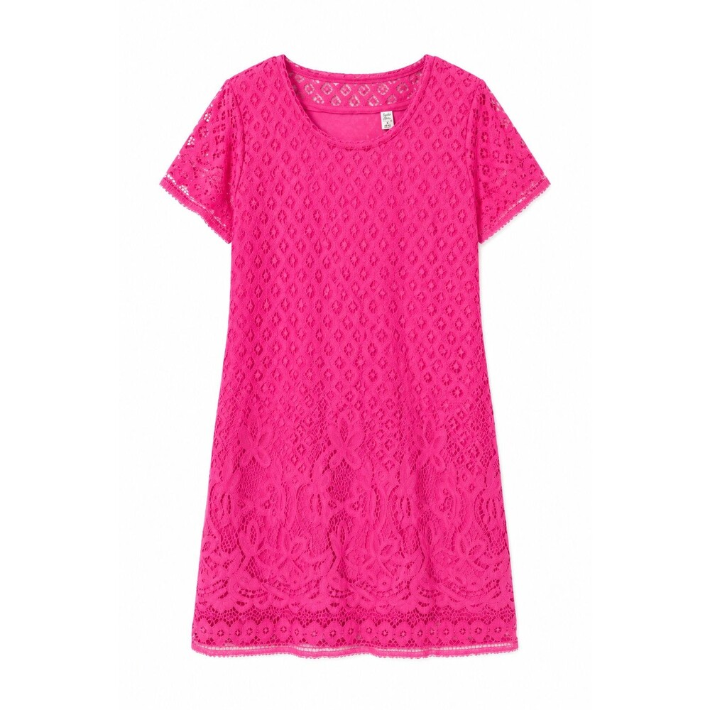 Isaac Mizrahi Live Hot Pink Lace Shift Dress Floral Crochet Short Sleeve Women M